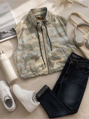 Cropped Sleeveless Camo Zip Vest - Neutral Camo